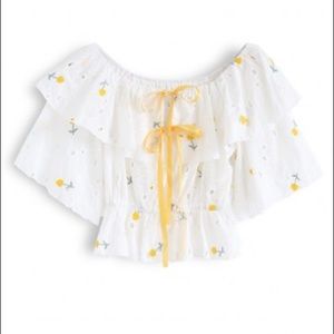 Embroidered Eyelet White Ruffle Ribbon-Tie Top